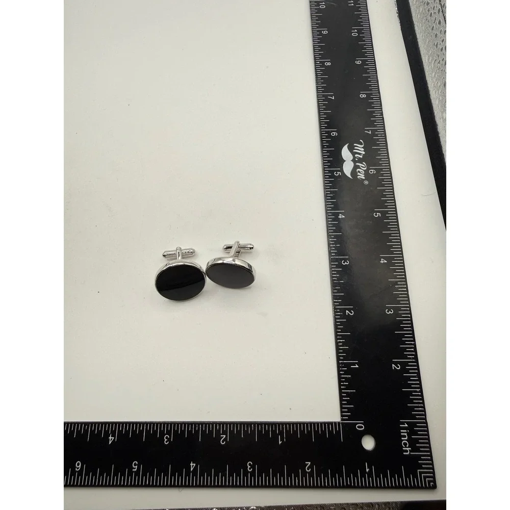 Vintage Round Black Enamel Silver Tone Toggle Back Cufflinks Mens Formal